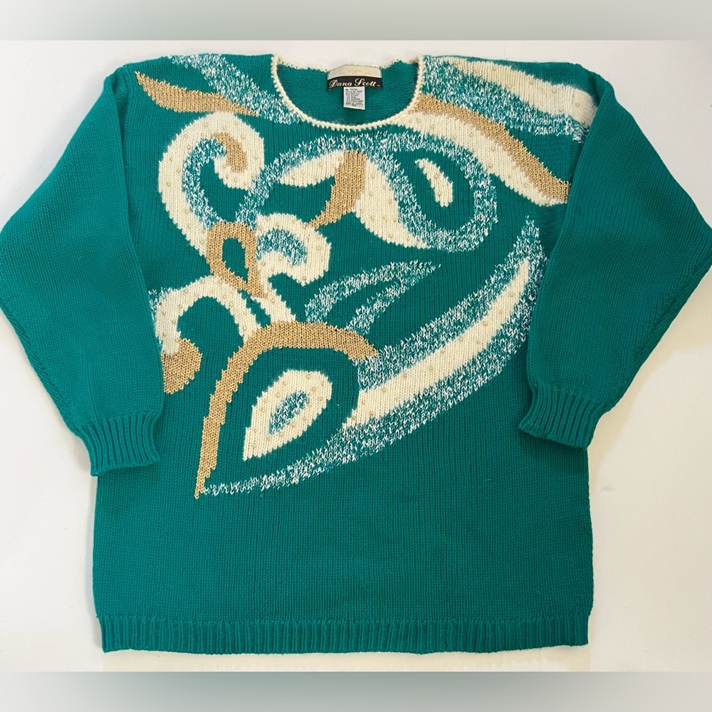 Vintage 80s Dana Scott Gold Pear Swirl Sweater